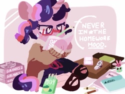 Size: 1024x768 | Tagged: safe, artist:supernoncutie, derpibooru import, twilight sparkle, book, female, glasses, lesbian, pocky, porn, solo, sweat