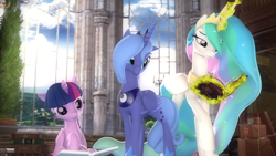 Size: 3840x2160 | Tagged: safe, artist:loveslove, princess celestia, princess luna, twilight sparkle, twilight sparkle (alicorn), alicorn, pony, 3d, book, box, levitation, magic, reading, royal sisters, s1 luna, telekinesis, window