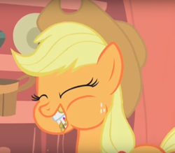 Size: 732x642 | Tagged: safe, screencap, applejack, earth pony, pony, look before you sleep, cropped, eating, eyes closed, solo