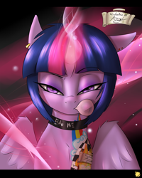 Size: 2400x3000 | Tagged: safe, artist:captainpudgemuffin, derpibooru import, twilight sparkle, twilight sparkle (alicorn), alicorn, pony, alternate hairstyle, bubblegum, collar, female, implied twidash, looking at you, magic, mare, piercing, punk, tattoo