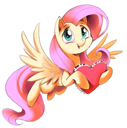 Size: 800x804 | Tagged: safe, artist:shira-hedgie, fluttershy, pegasus, pony, cute, heart, holding, holiday, looking at you, shyabetes, simple background, solo, spread wings, valentine's day, wings