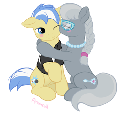 Size: 1600x1486 | Tagged: safe, artist:arareroll, silver spoon, strike, earth pony, pony, blushing, colt, female, filly, glasses, kissing, male, one eye closed, pearl necklace, shipping, silverstrike, straight