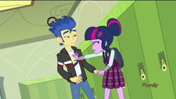 Size: 854x480 | Tagged: safe, screencap, flash sentry, sci-twi, twilight sparkle, equestria girls, friendship games, clothes, crystal prep academy uniform, discovery family logo, hair bun, hand on chest, jacket, pants, pleated skirt, school uniform, skirt