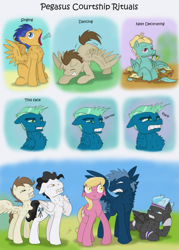 Size: 1133x1580 | Tagged: safe, artist:ravenpuff, crescent pony, flash sentry, lily, lily valley, mane moon, mercury, sky stinger, star hunter, starry eyes (character), zephyr breeze, earth pony, pegasus, pony, :<, :c, behaving like a bird, butt shake, chest fluff, comic, courtship, derp, eyes closed, face down ass up, faic, feather, female, floppy ears, flower, flower in mouth, funny, funny as hell, grin, gritted teeth, lidded eyes, lip bite, looking at you, male, mare, mating dance, mouth hold, open mouth, peacocking, plot, prone, scared, singing, sitting, smiling, spread wings, stallion, the horror, thunderclap, warb, wide eyes