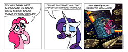 Size: 984x403 | Tagged: safe, artist:gingerfoxy, pinkie pie, rarity, earth pony, pony, unicorn, pony comic generator, and that's how equestria was made, comic, dalek, doctor who, gallifrey, tardis