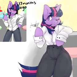 Size: 1024x1024 | Tagged: safe, artist:misocosmis, derpibooru import, twilight sparkle, anthro, alcohol, bar, clothes, martini, olive, one eye closed, redraw