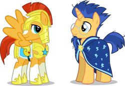 Size: 8500x5891 | Tagged: safe, artist:limedazzle, flash sentry, sunburst, pony, absurd resolution, alternate universe, armor, cloak, clothes, clothes swap, crystal empire duo, duo, glasses, mane swap, palette swap, race swap, recolor, royal guard, simple background, smiling, species swap, transparent background, vector