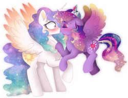 Size: 1700x1304 | Tagged: safe, artist:unoriginai, princess celestia, twilight sparkle, twilight sparkle (alicorn), alicorn, pony, alternate design, alternate hairstyle, blushing, cute, female, kissing, lesbian, shipping, simple background, surprise kiss, transparent background, twilestia