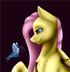 Size: 700x720 | Tagged: safe, artist:amcirken, fluttershy, butterfly, pegasus, pony, black background, chest fluff, female, folded wings, lineless, looking at something, looking down, mare, profile, raised hoof, simple background, smiling, solo, wings