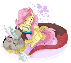 Size: 1119x982 | Tagged: safe, artist:gissel00001, discord, fluttershy, draconequus, pegasus, pony, discoshy, eyes closed, female, folded wings, heart, male, prone, shipping, sleeping, smiling, straight, unshorn fetlocks, wings