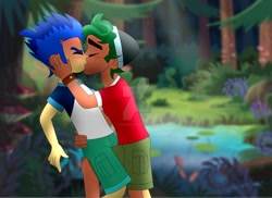 Size: 1600x1163 | Tagged: safe, artist:supermaxx92, flash sentry, timber spruce, equestria girls, legend of everfree, blushing, couple, forest, gay, kissing, leg love, love, male, shipping, timberflash, watermark