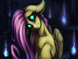 Size: 1593x1200 | Tagged: safe, artist:foldeath, fluttershy, pegasus, pony, adoracreepy, black sclera, creepy, cute, female, looking at you, mare, solo, spooky