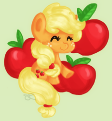 Size: 600x646 | Tagged: safe, artist:chiuuchiuu, applejack, earth pony, pony, apple, chibi, food, solo