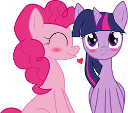 Size: 1130x1000 | Tagged: safe, artist:verappp, derpibooru import, pinkie pie, twilight sparkle, twilight sparkle (alicorn), alicorn, earth pony, pony, blushing, cute, diapinkes, eyes closed, female, frown, heart, kissing, lesbian, mare, remake, shipping, simple background, sitting, smiling, transparent background, twiabetes, twinkie, twinkiebetes, vector, wide eyes