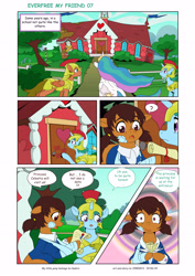 Size: 6611x9344 | Tagged: safe, artist:jeremy3, princess celestia, oc, oc:miss becky, alicorn, earth pony, pegasus, pony, unicorn, comic:everfree, comic:everfree my friend, bandage, cast, clothes, comic, knocking, playground, royal guard, school, scroll, tree