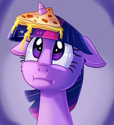 Size: 1823x2000 | Tagged: safe, artist:discorded, derpibooru import, twilight sparkle, pony, unicorn, party pooped, :i, female, floppy ears, food, horn impalement, i'm pancake, mare, quesadilla, solo, they're just so cheesy