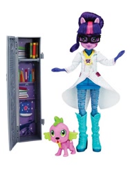 Size: 534x712 | Tagged: safe, derpibooru import, sci-twi, spike, spike the regular dog, twilight sparkle, dog, equestria girls, friendship games, clothes, doll, lab coat, locker, outfit, toy