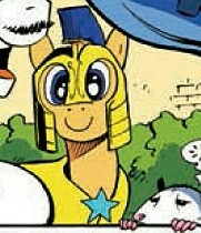 Size: 181x210 | Tagged: safe, idw, flash sentry, tiberius, opossum, pony, idw micro series, spoiler:comic, armor, comic, cropped, helmet, smiling