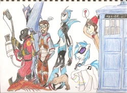 Size: 1024x745 | Tagged: safe, artist:erenerakhard, dj pon-3, vinyl scratch, human, arcee, bionicle, doctor who, eleventh doctor, gordon freeman, half-life, headcrab, kraata, lamarr, lego, matt smith, pyro, soundwave, tardis, team fortress 2, transformers, transformers prime