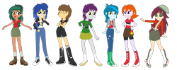 Size: 4096x1626 | Tagged: safe, artist:mlprocker123, flare warden, flash sentry, forest pine, heath burns, indigo wreath, normal norma, normal norman, teddy t. touchdown, thunderbass, timber spruce, equestria girls, absurd resolution, alternate universe, background human, blu lightning, clothes, compression shorts, equestria guys, eyes closed, female, grin, jacket, looking at you, male, rule 63, shoes, shorts, simple background, skirt, smiling, socks, transparent background