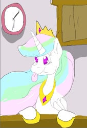 Size: 621x911 | Tagged: safe, artist:drunken bubblez, princess celestia, alicorn, pony, clock, colored, female, mare, sillestia, silly, soso, tongue out