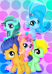 Size: 1600x2263 | Tagged: safe, artist:jucamovi1992, flash sentry, oc, oc:aglaope, oc:piscis, oc:radne, oc:speed wave, mermaid, colt, cute, female, filly, group, looking at you, male, ocbetes, open mouth, shy, smiling