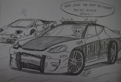 Size: 1892x1276 | Tagged: safe, artist:ricky47, fluttershy, pegasus, pony, angry, car, crossover, driving, lamborghini, lamborghini diablo, lamborghini diablo sv, monochrome, need for speed, need for speed: hot pursuit, police, police car, porsche, porsche panamera, sketch, speech bubble, sweatdrop, traditional art