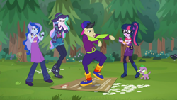 Size: 1366x768 | Tagged: safe, screencap, cranky doodle donkey, princess celestia, princess luna, principal celestia, sci-twi, spike, spike the regular dog, twilight sparkle, vice principal luna, dog, better together, choose your own ending, equestria girls, the road less scheduled, the road less scheduled: celestia, adorkable, breakdancing, cute, dork, geode of telekinesis, magical geodes, sleeveless