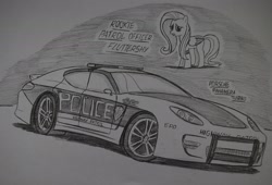 Size: 1909x1296 | Tagged: safe, artist:ricky47, fluttershy, butterfly, pegasus, pony, car, crossover, female, monochrome, need for speed, need for speed: hot pursuit, police, police car, police officer, porsche, porsche panamera, sketch, solo, traditional art