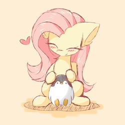 Size: 2000x2000 | Tagged: safe, artist:morningbullet, fluttershy, pegasus, penguin, pony, blushing, cute, eyes closed, female, happy, heart, high res, mare, shyabetes, simple background, sitting, smiling