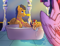 Size: 1250x950 | Tagged: safe, artist:yuyusunshine, flash sentry, twilight sparkle, twilight sparkle (alicorn), oc, oc:star sparkle, alicorn, pegasus, pony, apron, bath, bathtub, brush, clothes, female, flashlight, male, mama twilight, mouth hold, offspring, papa flash, parent:flash sentry, parent:twilight sparkle, parents:flashlight, shipping, straight