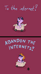 Size: 660x1186 | Tagged: safe, artist:mr-1, derpibooru import, twilight sparkle, pony, unicorn, abandon thread, bandage, bandaid, box, comic, crying, fire, internet, internet backdraft, on fire, open mouth, reaction image, simple background, solo, wide eyes