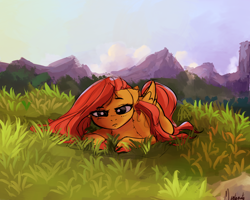 Size: 2500x2000 | Tagged: dead source, safe, artist:miokomata, fluttershy, pegasus, pony, cloud, cute, female, grass, mare, prone, scenery, shyabetes, sky, solo, tired