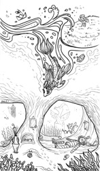 Size: 500x852 | Tagged: safe, artist:dany-the-hell-fox, pinkie pie, princess skystar, earth pony, pony, seapony (g4), my little pony: the movie, black and white, diving suit, grayscale, monochrome, solo focus, tabun art-battle, underwater