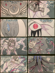 Size: 2626x3468 | Tagged: safe, artist:candasaurus, nightmare moon, princess celestia, alicorn, pony, armor, blood, comic, crying, female, mare, traditional art