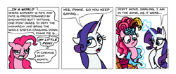 Size: 1005x426 | Tagged: safe, artist:gingerfoxy, pinkie pie, rarity, pony, unicorn, pony comic generator, comic, magic