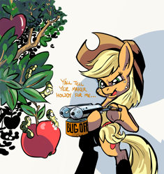 Size: 1024x1088 | Tagged: safe, artist:lytlethelemur, applejack, earth pony, pony, worm, apple, bug spray, food, pesticide