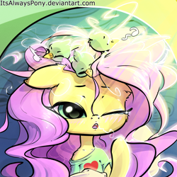 Size: 3000x3000 | Tagged: safe, artist:itsalwayspony, fluttershy, bird, pegasus, pony, blushing, bust, clothes, cute, one eye closed, shirt, shyabetes, sitting on head, sleeping, solo, stray strand, yawn