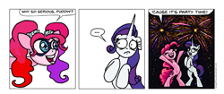 Size: 997x419 | Tagged: safe, artist:gingerfoxy, pinkie pie, rarity, earth pony, pony, unicorn, pony comic generator, black background, comic, duo, female, fireworks, harley quinn, mare, pinkie quinn, simple background, white background