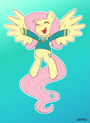 Size: 733x1000 | Tagged: safe, artist:empyu, fluttershy, pegasus, pony, filli vanilli, eyes closed, female, gradient background, happy, mare, ponytones outfit, singing, solo, spread wings, wings