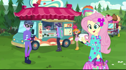 Size: 719x404 | Tagged: safe, screencap, carrot bun, fluttershy, microchips, princess celestia, principal celestia, scribble dee, better together, choose your own ending, equestria girls, the road less scheduled, clothes, female, geode of fauna, magical geodes, male, mc dex fx