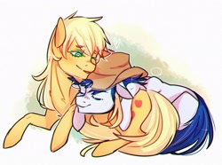 Size: 2688x1999 | Tagged: safe, artist:co11on-art, applejack, oc, oc:constance everheart, earth pony, pony, canon x oc, cuddling, everjack, heart, hug, pony pillow, shipping, sleeping, snuggling