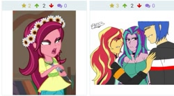 Size: 719x397 | Tagged: safe, artist:brickercupmasterx3, edit, edited screencap, screencap, aria blaze, flash sentry, gloriosa daisy, sunset shimmer, equestria girls, legend of everfree, derpibooru, female, flashimmerblaze, flower, flower in hair, juxtaposition, lesbian, meta, shipping, sunblaze