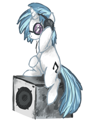 Size: 497x689 | Tagged: dead source, safe, artist:scervo, dj pon-3, vinyl scratch, pony, unicorn, female, headphones, mare, simple background, sitting, solo, speaker, sunglasses, white background