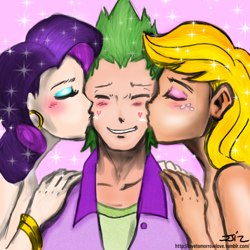 Size: 850x850 | Tagged: safe, artist:cabrony, artist:johnjoseco, color edit, edit, applejack, rarity, spike, human, applespike, belly button, belly dancer, colored, female, happy, heart, humanized, kiss on the cheek, kiss sandwich, kissing, lucky bastard, male, midriff, polyamory, shipping, smiling, sparity, sparkles, spike gets all the mares, spikelove, straight