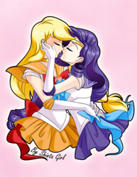 Size: 2153x2786 | Tagged: safe, artist:shinta-girl, applejack, rarity, human, couple, crossover, female, humanized, kissing, lesbian, rarijack, sailor moon, sailor uniform, shipping