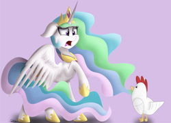 Size: 1500x1080 | Tagged: safe, artist:sadtrooper, princess celestia, alicorn, bird, chicken, pony, between dark and dawn, rearing, scared, simple background, that princess sure is afraid of chickens