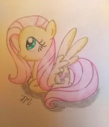 Size: 3120x3628 | Tagged: safe, artist:prinrue, fluttershy, pegasus, pony, colored pencil drawing, female, freehand, mare, prone, simple background, sitting, solo, traditional art