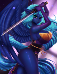 Size: 1936x2500 | Tagged: safe, artist:adorableinall, oc, oc only, oc:midnight mist, anthro, pegasus, armor, big breasts, breastplate, breasts, busty oc, clothes, costume, fantasy class, feather, flowing hair, flowing mane, gloves, high res, hips, huge breasts, looking at you, not luna, pose, shadowbolts costume, sword, thigh, warrior, weapon, wings