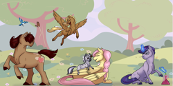 Size: 2500x1250 | Tagged: safe, artist:ganashiashaka, fluttershy, oc, oc:hex mind, oc:johari, oc:sandy feather, oc:speckle heart, bird, blue jay, classical unicorn, earth pony, pegasus, pony, unicorn, zebra, adopted offspring, cloven hooves, colt, erlenmeyer flask, family, female, filly, finch, fluttermom, flying, glasses, hair over eyes, levitation, magic, male, parent:fluttershy, stallion, story in the source, telekinesis, test tube, unshorn fetlocks, zebra oc